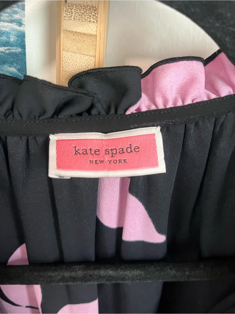 kate spade Black Sleeveless Blouse with Pink Floral Print and ruffles